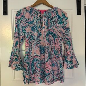 Lilly Pulitzer Willa Flounce Sleeve Tie Neck Top size Small